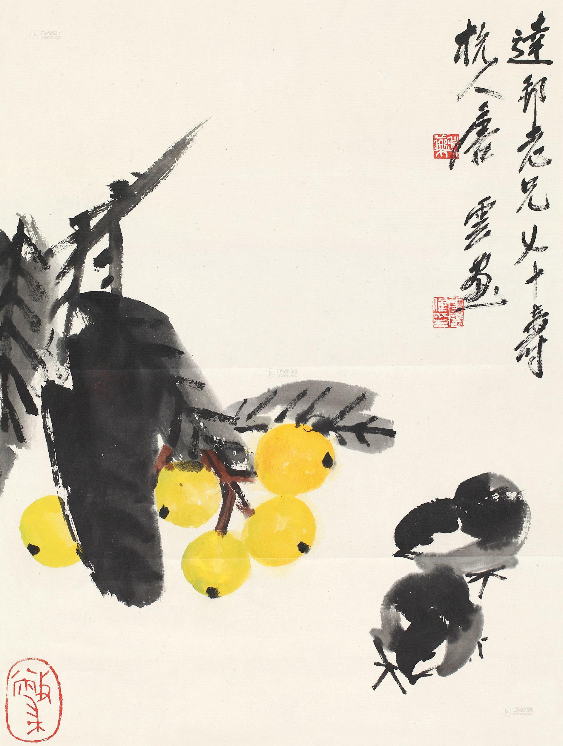 0401枇杷小鸡立轴纸本
