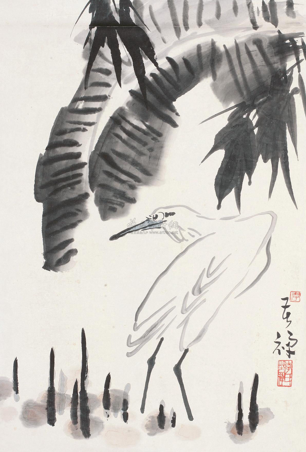 0042芭蕉鹭鸶立轴设色纸本