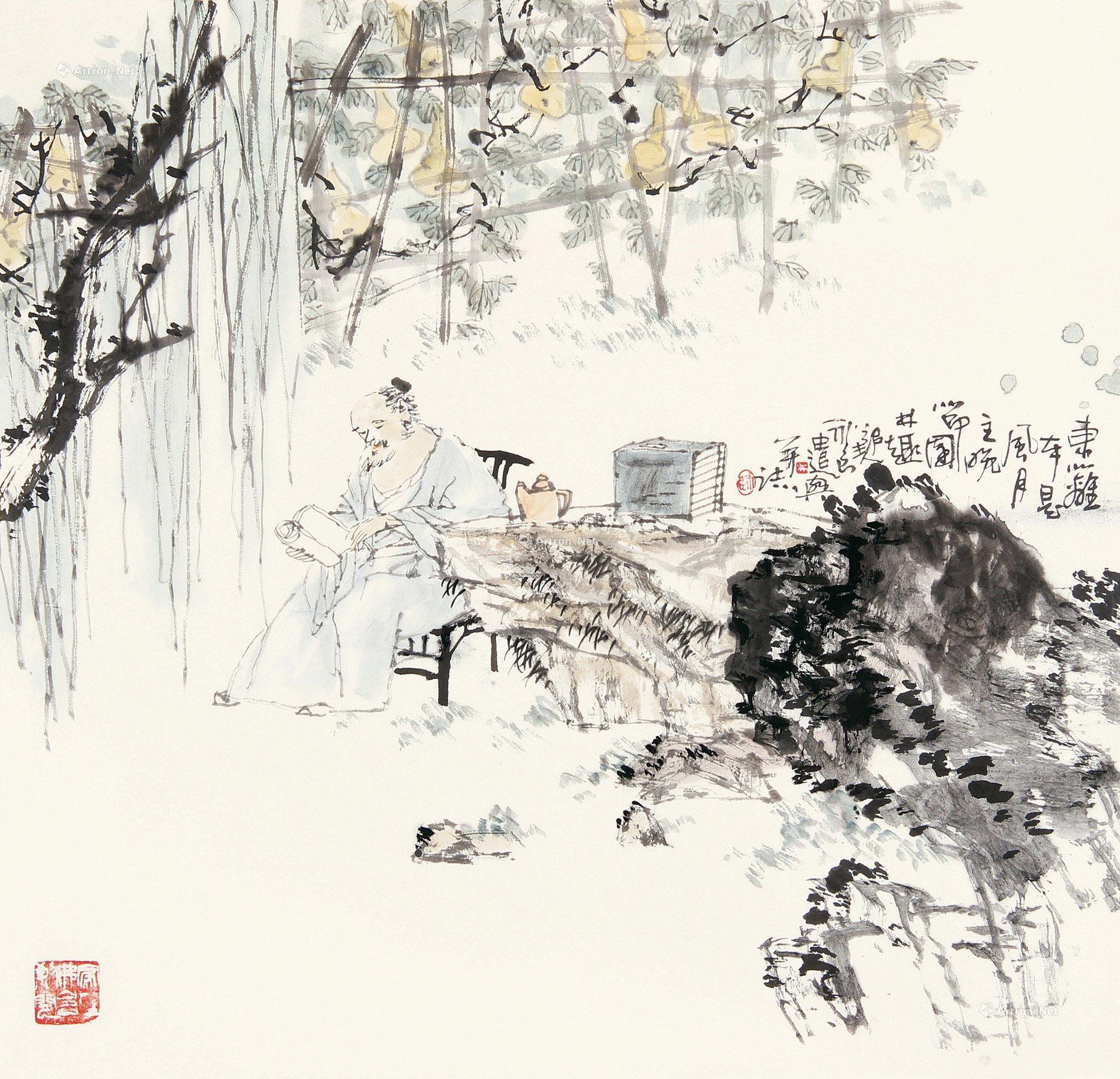 0552柳下读书镜心设色纸本
