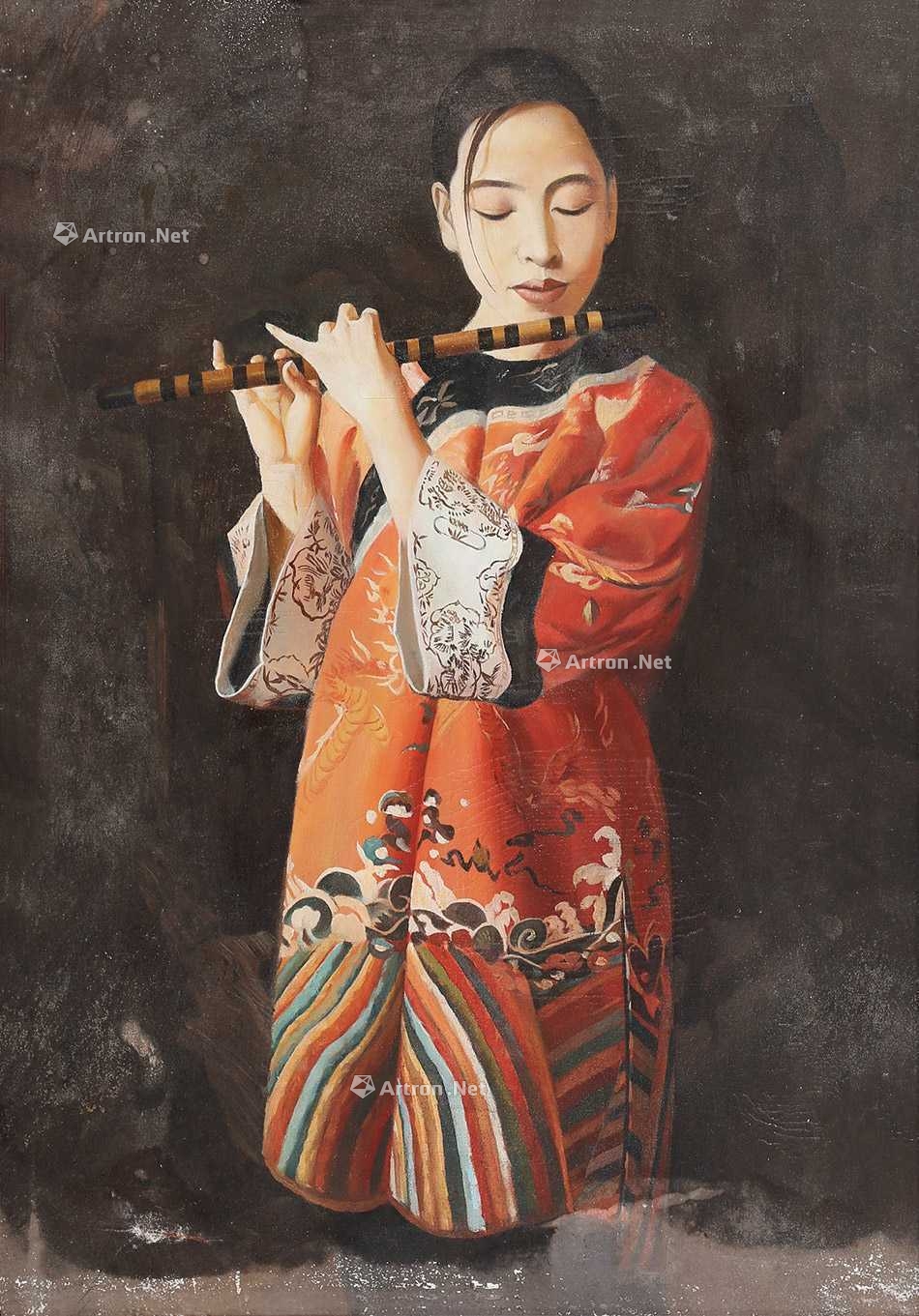 吹笛子的女人油画图片
